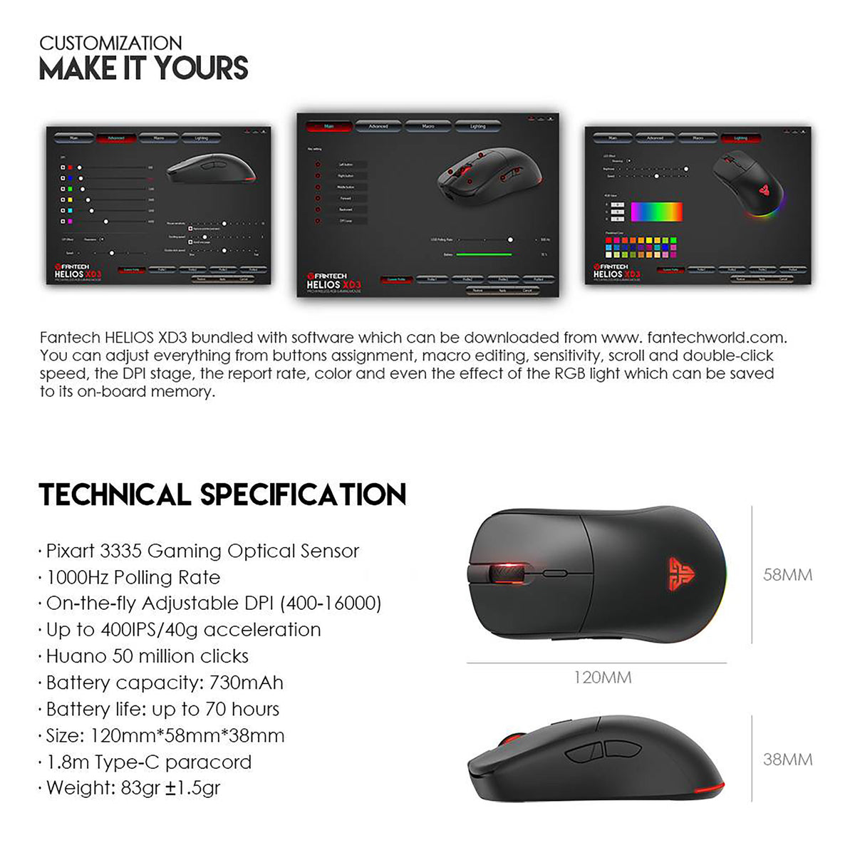 FANTECH XD3 WIRELESS GAMING MOUSE 2.4G RGB