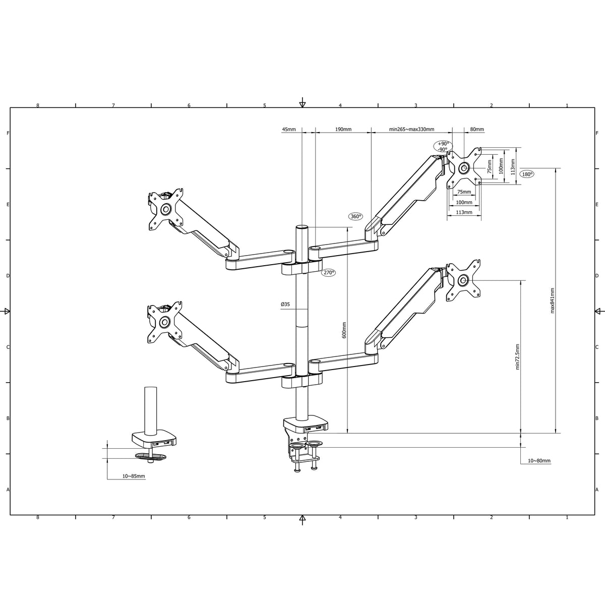 COMPUTER SPRING-ASSISTED FOUR MONITOR DESK MOUNT