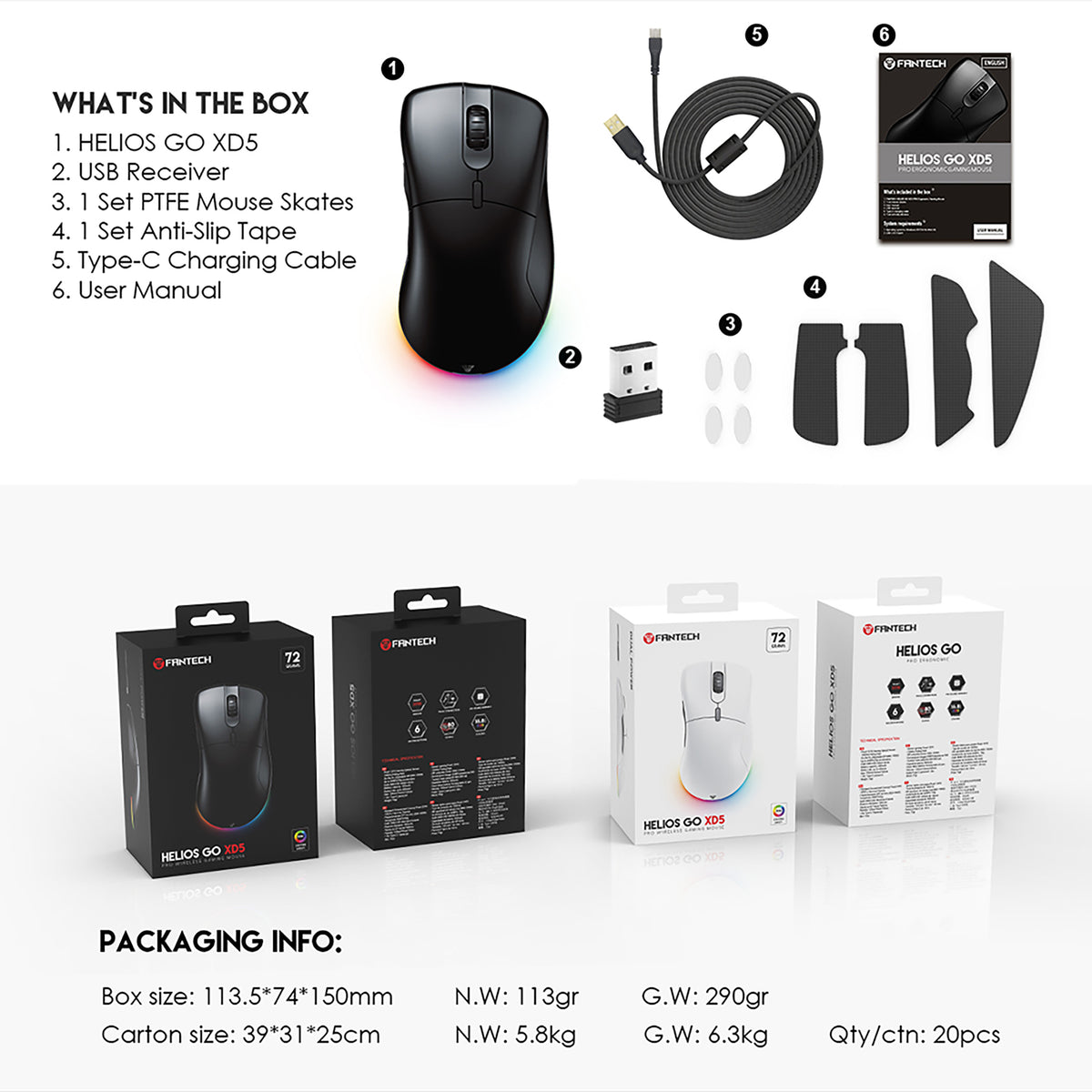 FANTECH HELIOS GO XD5 WIRELESS MOUSE GAMING RGB FOR PC LAPTOP